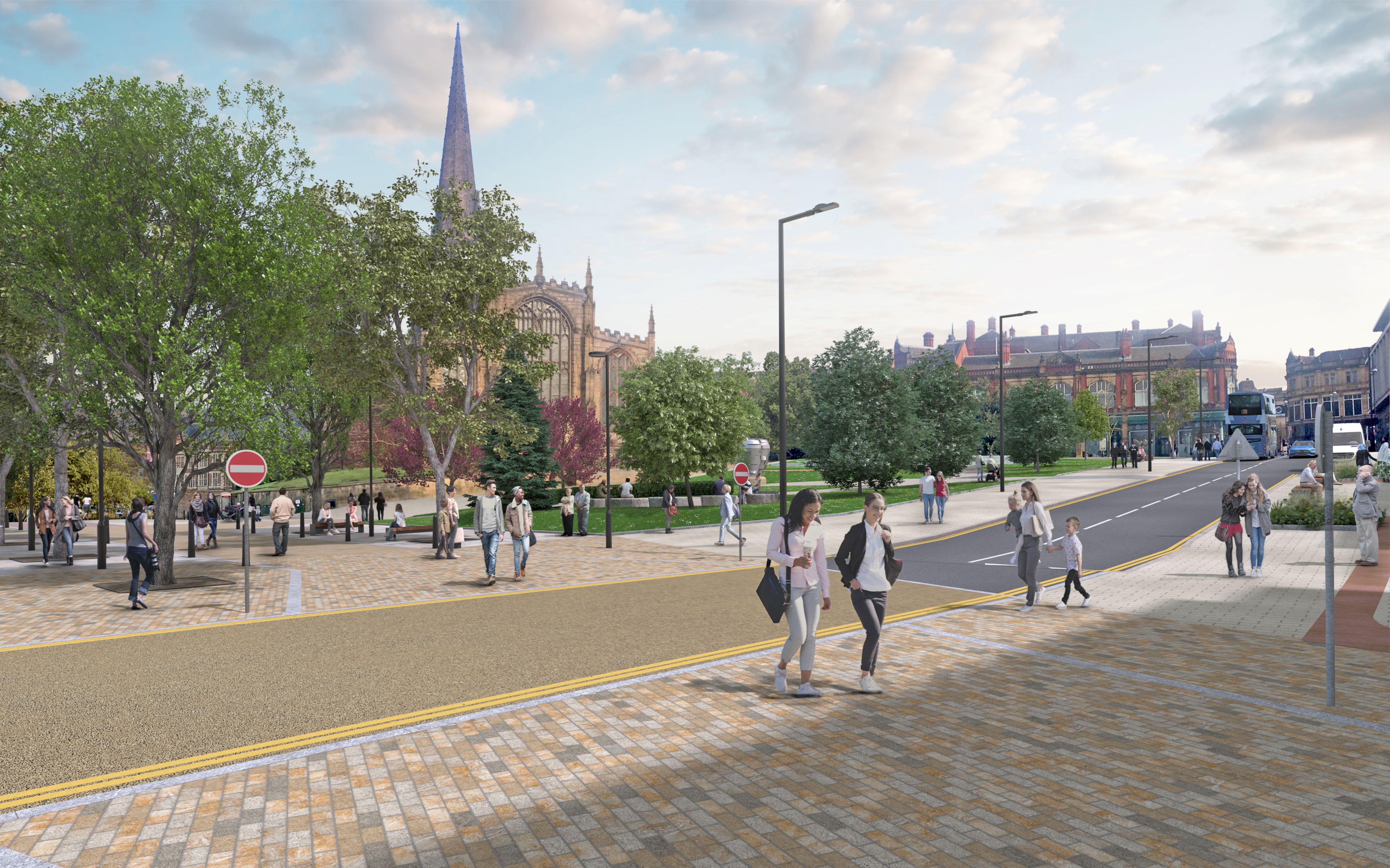 People walking across the street and on the street. New road layout design for corporation street.