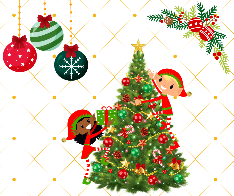 Two elves climbing a Christmas tree, baubles on the top left and a wreath on the top right.