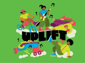 Green background with cartoon people around the text &quot;UPLIFT&quot;.