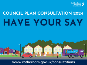 A graphic with text saying Council Plan Consultation 2024 Have your Say on a blue background with a street scene at the bottom.