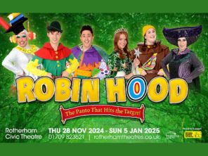 Robin hood written in the middle in yellow font with cast members stood behind.