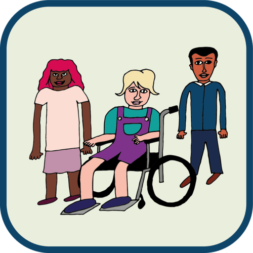 Illustration of 3 people, 2 standing and one in a wheelchair