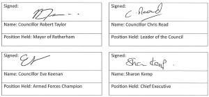 Signatures of Robert Taylor, Chris Reed, Eve Keenan and Sharon Kemp