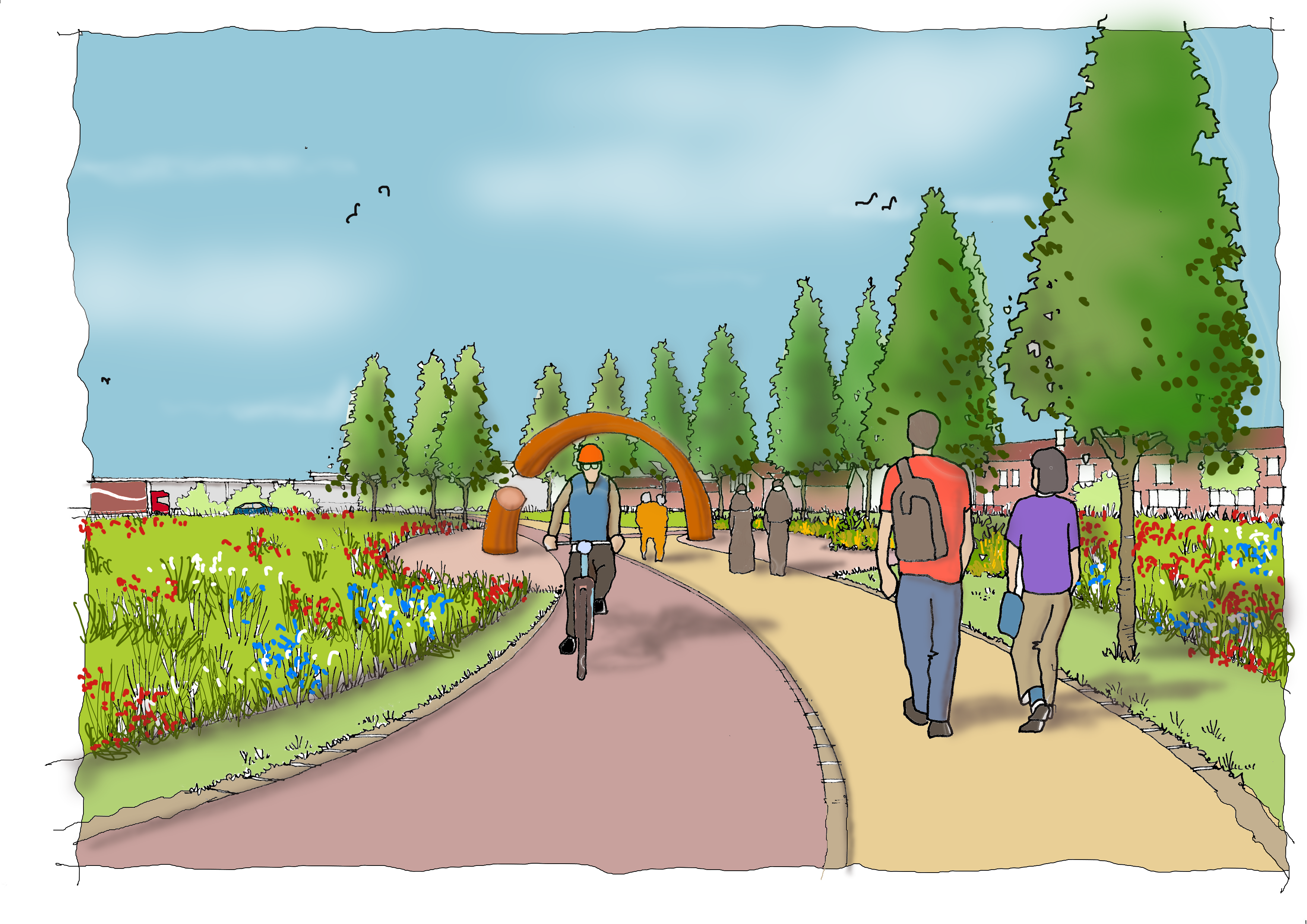 Sketch of a person cycling on a path and people walking on a separate path