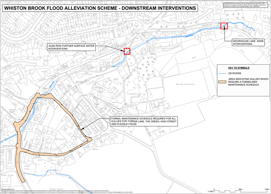 A map pointing to three different interventions: 1. Alma Row further surface water interventions. 2. Formal maintenance schedule required for all gullies for Turner Lane, the Green, High Street and Pleasley Road. 3. Moorhouse Lane kerb interventions.