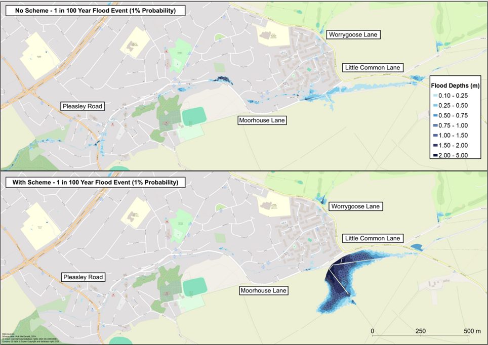 Two maps of Whiston Brook. One with and one without the Flood Alleviation Scheme.