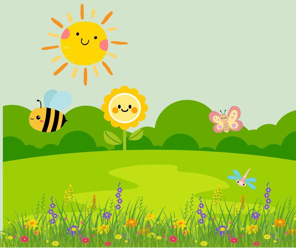 Cartoon bee flying through a sunny field