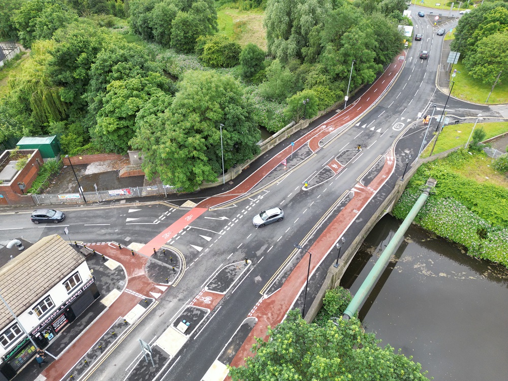 Sheffield Road, showing bike lanes with trees at the side.