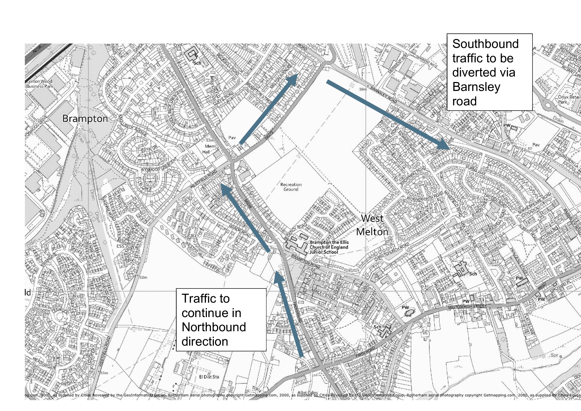 This map shows the diversion routes for northbound traveling along packman road packman road or southbound on Barnsley road