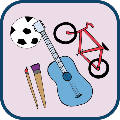 illustration of various items: a football, a bicycle, a paint brush, and a guitar